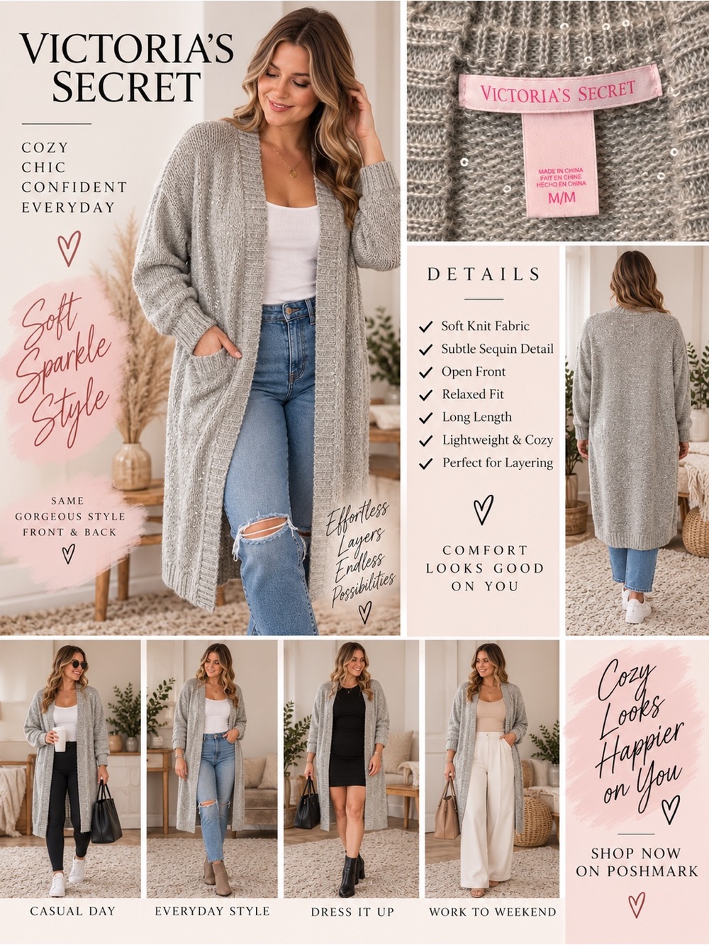 Victoria’s Secret Gray Sequin Duster Cardigan M Cozy Luxe Long Knit Sweater